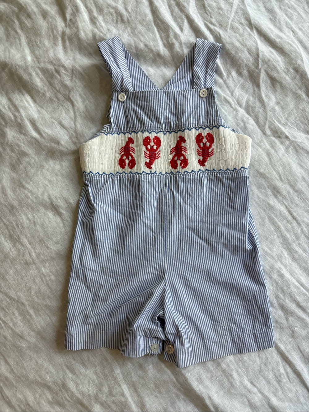 Blue Stripe Kids Romper with Red Lobster Smocking